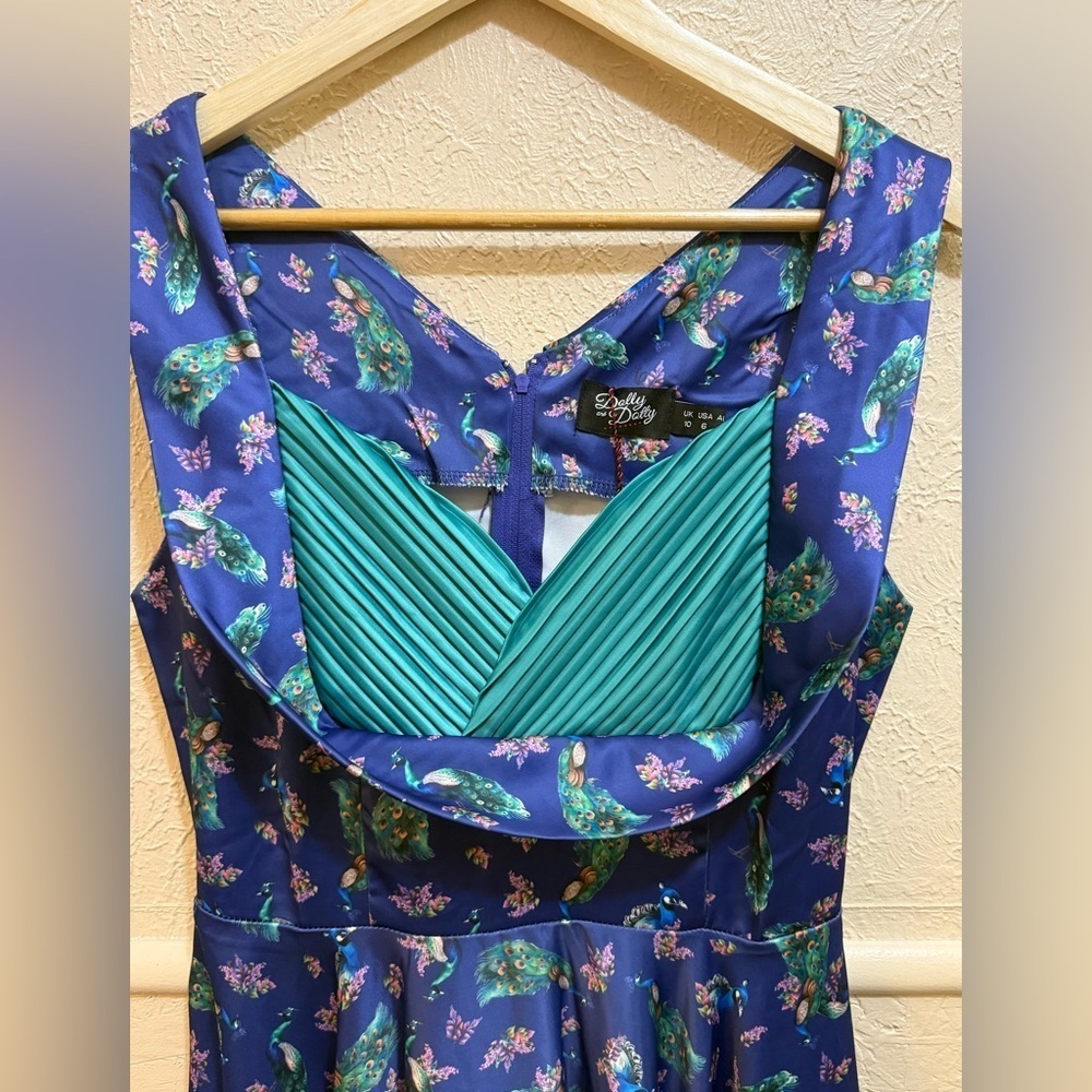 Dolly & Dotty 1950s Purple & Teal Peacock Print Grace Swing Dress Size 6 Retro - Picture 3 of 12